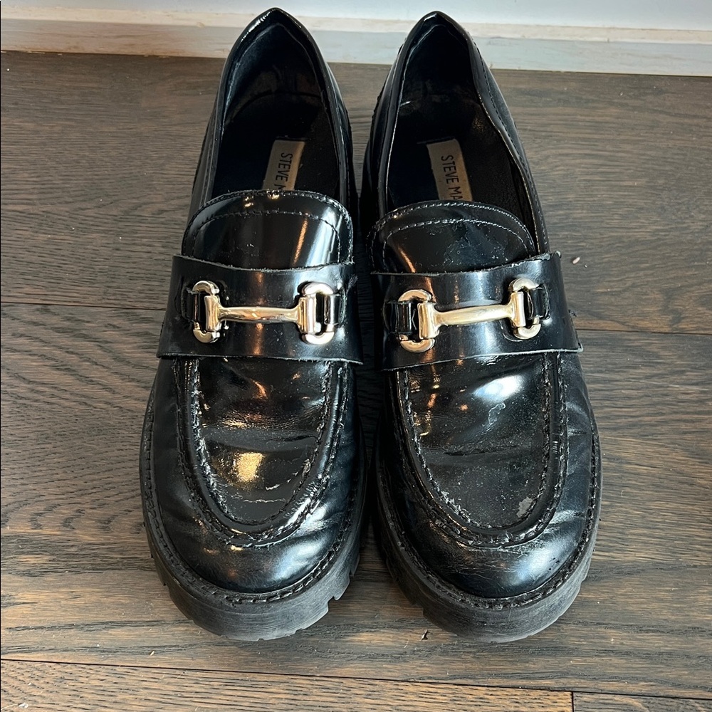Steve Madden Glossy Black Loafers with Metallic Accent